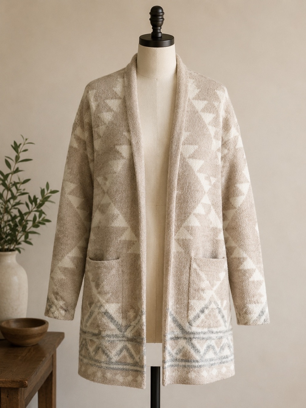 Frye Womens Knit Open Front Cardigan Sweater Geometric V-Neck Pockets M